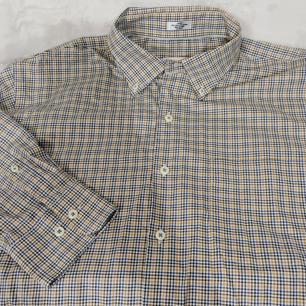 Peter Millar Mens Large Tattersall Check Long Sleeve Button Shirt Blue Gold P